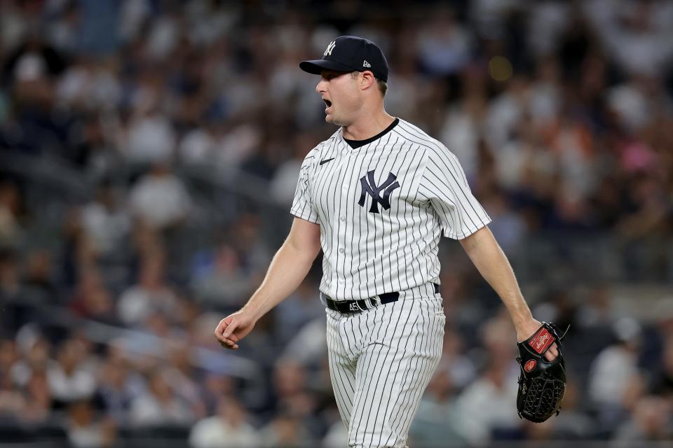 New York Yankees starting pitcher Gerrit Cole (45) reacts during the seventh inning against the Seattle Mariners at Yankee Stadium on June 20, 2023 in the Bronx, New York.