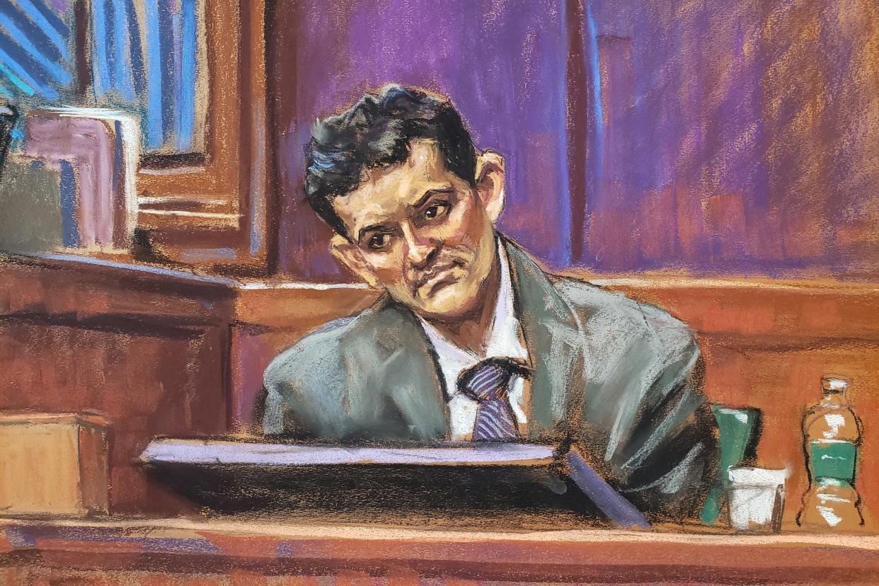 A courtroom sketch of Sam Bankman-Fried in the witness box for United States v. Samuel Bankman-Fried.
