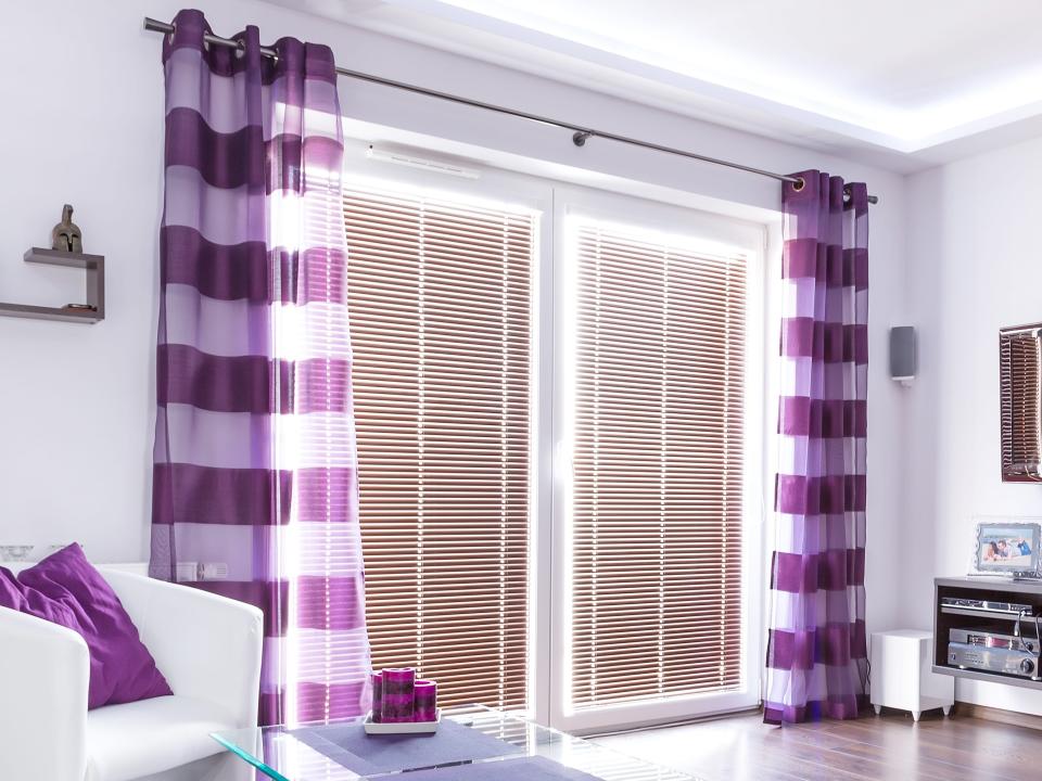 Curtains with large purple stripes