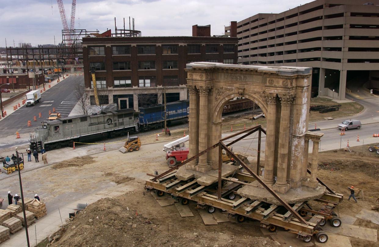 1999 - The Union Station Arch is being prepared to move. The arch that used to front Union Station, a N. High Street complex torn down in 1976-77, will move from Arch Park on Marconi Blvd. to a new park near Nationwide Arena -- a trip of less than 2/10 of a mile.