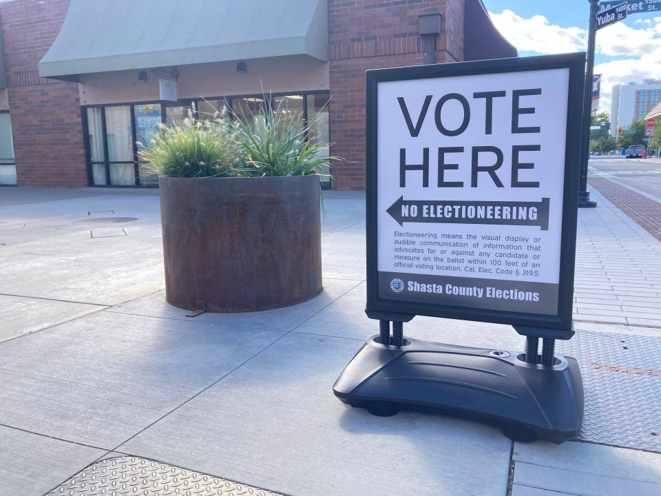 A sign up the street from the Shasta County elections office in downtown Redding reminds people to vote in the upcoming Nov. 7 special election.
