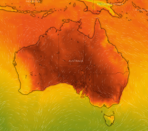 Pictured is a map indicating the expected temperatures on Wednesday. Source: Windy.com