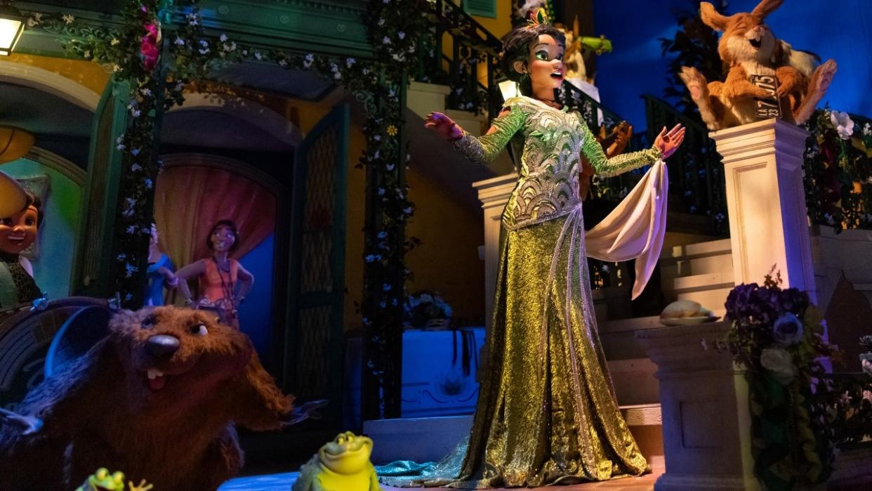  Tiana animatronic singing in the finale of Tiana's Bayou Adventure. 