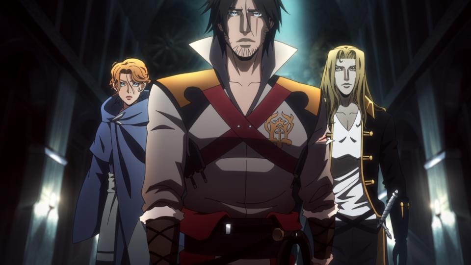 a photo of castlevania characters trevor, sypha, and alucard walking side by side