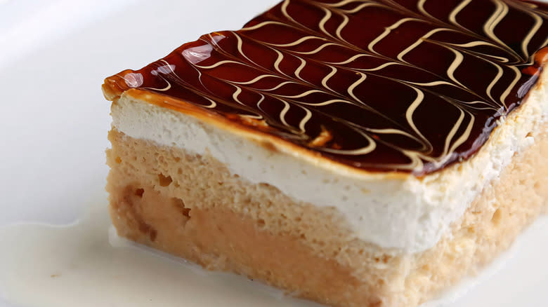 tres leches slice with caramel topping