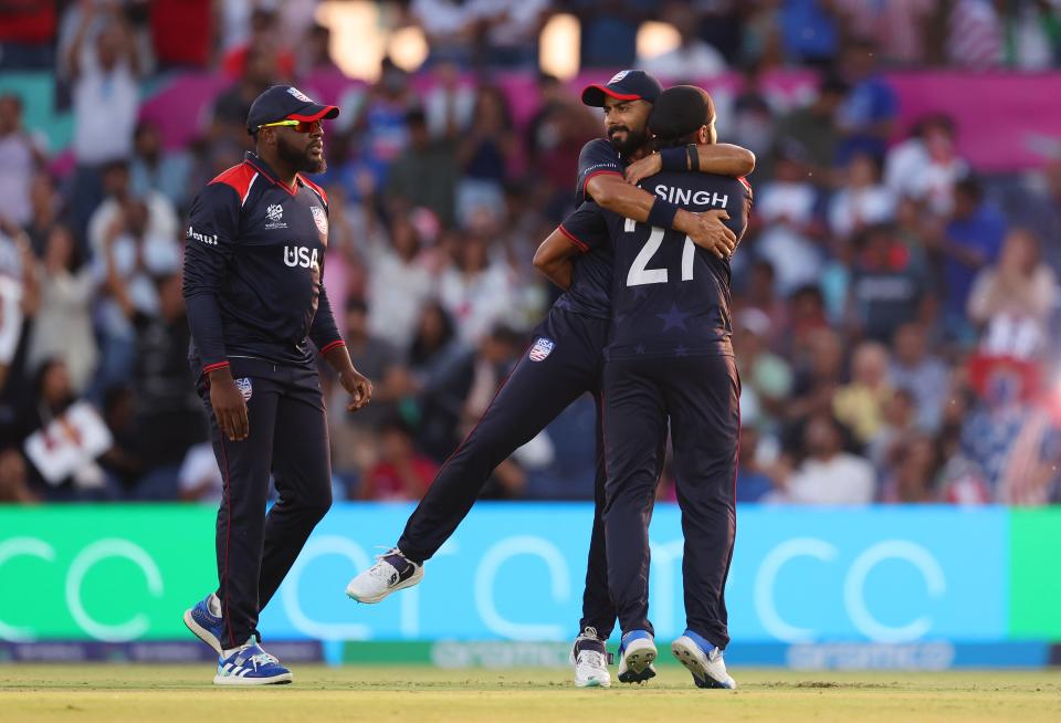 Harmeet Singh of USA celebrates with teammates after dismissing Aaron Johnson of Canada during the ICC Men's T20 Cricket World Cup West Indies & USA 2024 match between USA and Canada at Grand Prairie Cricket Stadium on June 01, 2024 in Dallas, Texas.