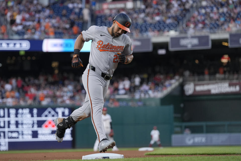 Baltimore Orioles' Anthony Santander rounds third base after hitting a solo home run against the Washington Nationals during the fourth inning of a baseball game at Nationals Park in Washington, Wednesday, May 8, 2024. (AP Photo/Susan Walsh)