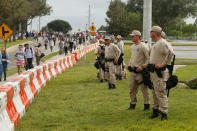 <p>Police monitor the scene at the site of a planned speech by white nationalist Richard Spencer, who popularized the term ‘alt-right’, at the University of Florida campus on Oct.19, 2017 in Gainesville, Fla. A state of emergency was declared on Monday by Florida Gov. Rick Scott to allow for increased law enforcement due to fears of violence. (Photo: Brian Blanco/Getty Images) </p>