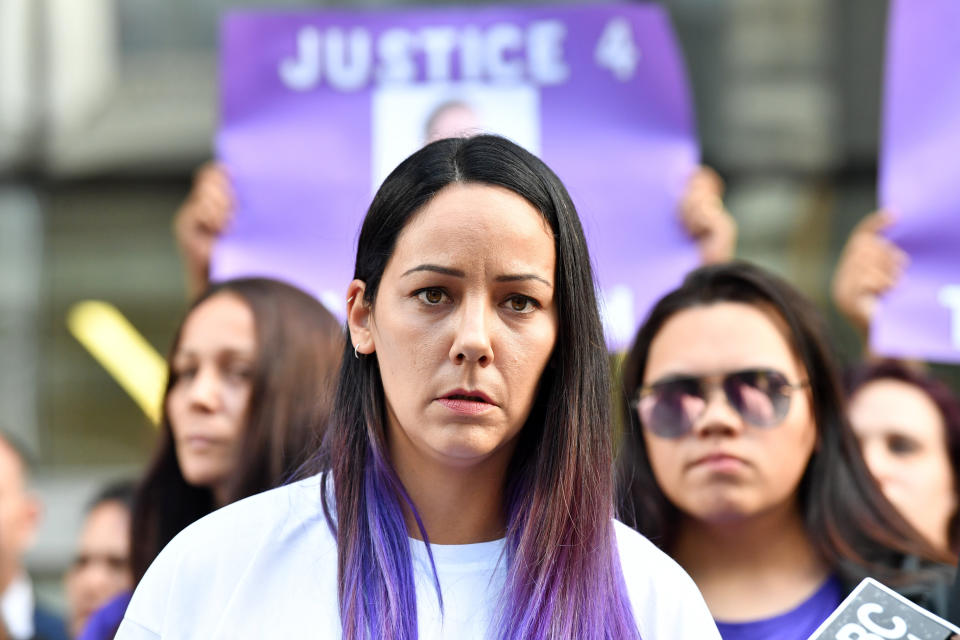 Tiahleigh Palmer's mother Cindy is pictured outside Brisbane's Supreme Court in 2018.