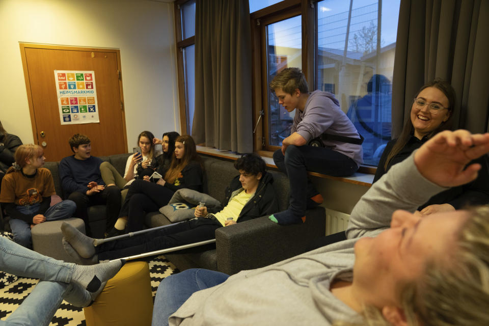 This photo taken Monday, May 13, 2019, teenagers up to the age of 17 gathered at the Tjornin youth center in Reykjavik. Iceland has dried up a teenage culture of drinking and smoking by focusing on local participation in music and sports options for students, with such success that Icelandic teens now have one of the lowest rates of substance abuse in Europe. (AP Photo/Egill Bjarnason)