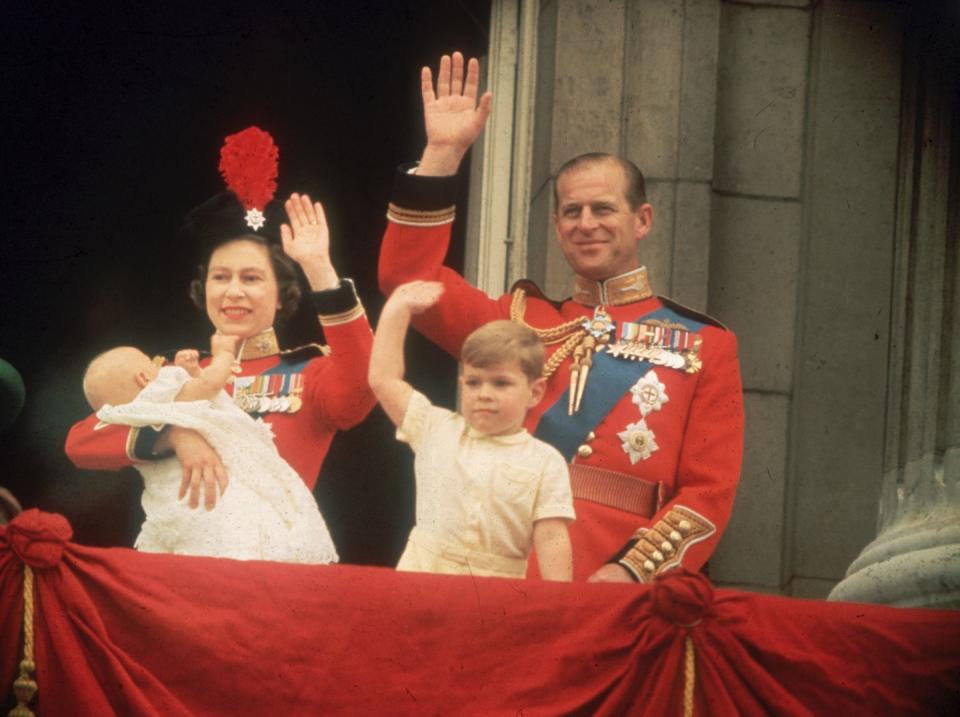 <p>The Queen waved to the crowds with her then three-month old son, Prince Edward, in her arms at Trooping the Colour 1964. She was joined by her husband Philip and a young Prince Andrew.</p>