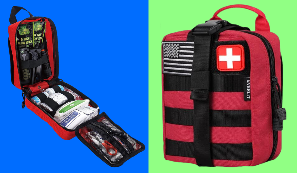 the open red first aid kit / the kit packed up