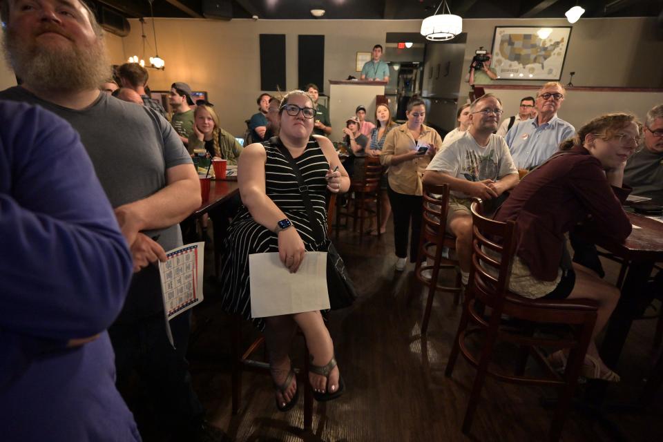 Potential voters watch the first Republican presidential debate at Murphy's Taproom in Manchester, N.H. on Aug 23, 2023. New Hampshire is an early voting state in the 2024 presidential primary schedule and could narrow the crowded Republican field to determine the eventual nominee.. Mandatory Credit: Josh Reynolds-USA TODAY