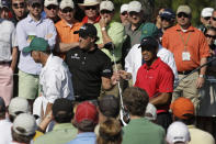 <p>Tiger Woods and Phil Mickelson during the final round of the Masters golf tournament at the Augusta National Golf Club in Augusta, Ga., Sunday, April 12, 2009. (AP Photo/Morry Gash) </p>