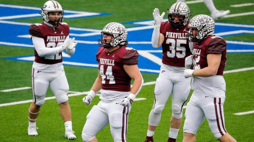 Pikeville’s Jeremiah Anderson (44) celebrates a first-half stop by the Panthers’ defense, which limited Raceland to 177 total yards Friday.