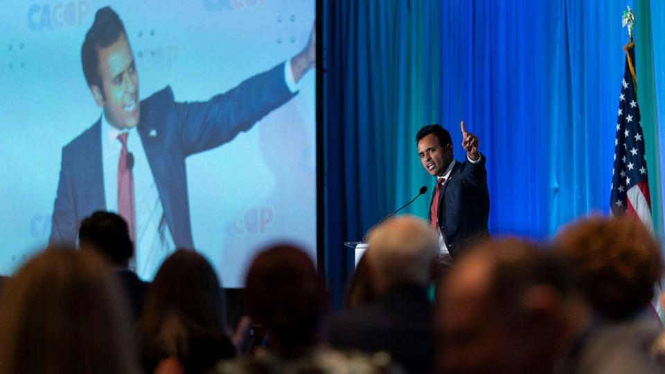 PHOTO: Republican presidential hopeful Vivek Ramaswamy speaks at the California Republican Party Convention in Anaheim, Calif., Sept. 30, 2023. (Jae C. Hong/AP)