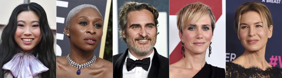 This combination photo shows, from left, Awkwafina, Cynthia Erivo, Joaquin Phoenix, Kristen Wiig and Renee Zellweger, who are among the first presenters announced for the Golden Globes awards ceremony. (AP Photo)