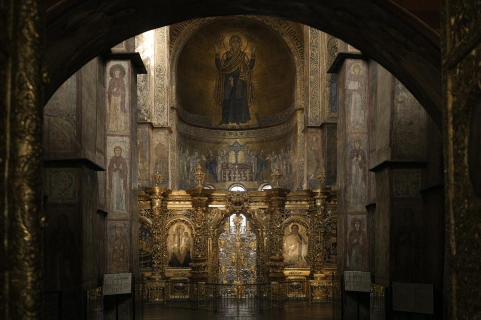 A view of the interior of Saint Sophia Cathedral. <a href="https://newsroom.ap.org/detail/APTOPIXRussiaUkraineWar/47d4fac432414ee59951102df858e51b/photo?Query=saint%20sophia%20kyiv&mediaType=photo&sortBy=&dateRange=Anytime&totalCount=10&currentItemNo=0" rel="nofollow noopener" target="_blank" data-ylk="slk:AP Photo/Vadim Ghirda;elm:context_link;itc:0;sec:content-canvas" class="link ">AP Photo/Vadim Ghirda</a>