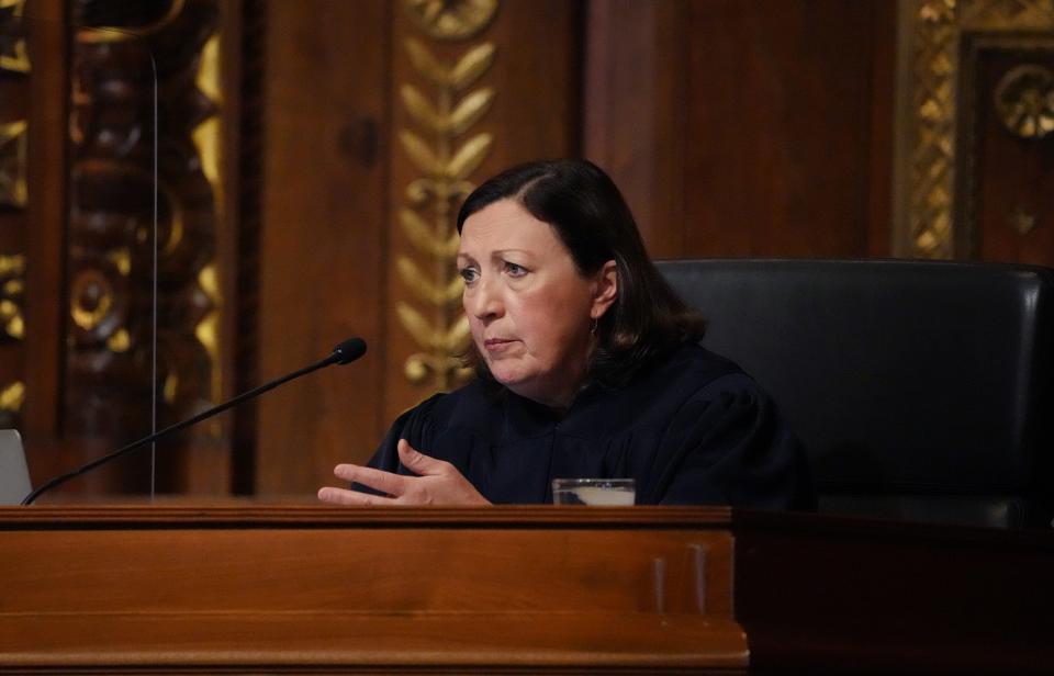 Justice Jennifer Brunner listens to oral arguments in League of Women Voters of Ohio, et al. vs. Ohio Redistricting Commission, et al. at the Ohio Supreme Court in Columbus, Ohio on December 8, 2021. The lawsuit is in regards to the recently redrawn congressional map, which has to be finalized before elections next year. 