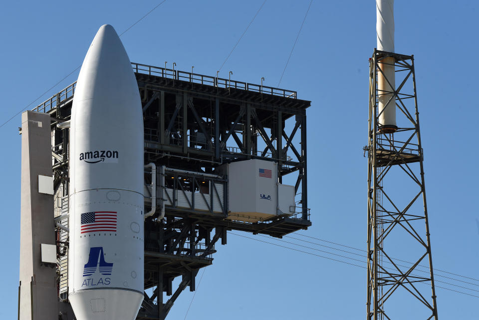 The United Launch Alliance Atlas V rocket carrying the first two satellites for Amazon’s Project Kuiper broadband internet constellation stands ready for launch.