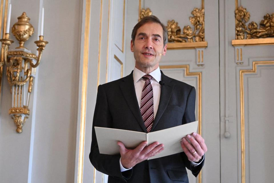 Mats Malm announcing the 2023 Nobel Prize in Literature winner (AFP via Getty Images)