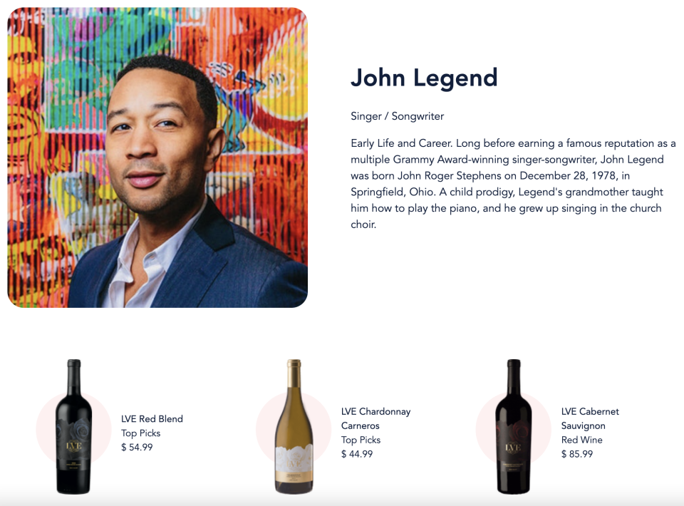 A few of the wines from celebrity John Legend available on GrapeStars. (Photo: GrapeStars)