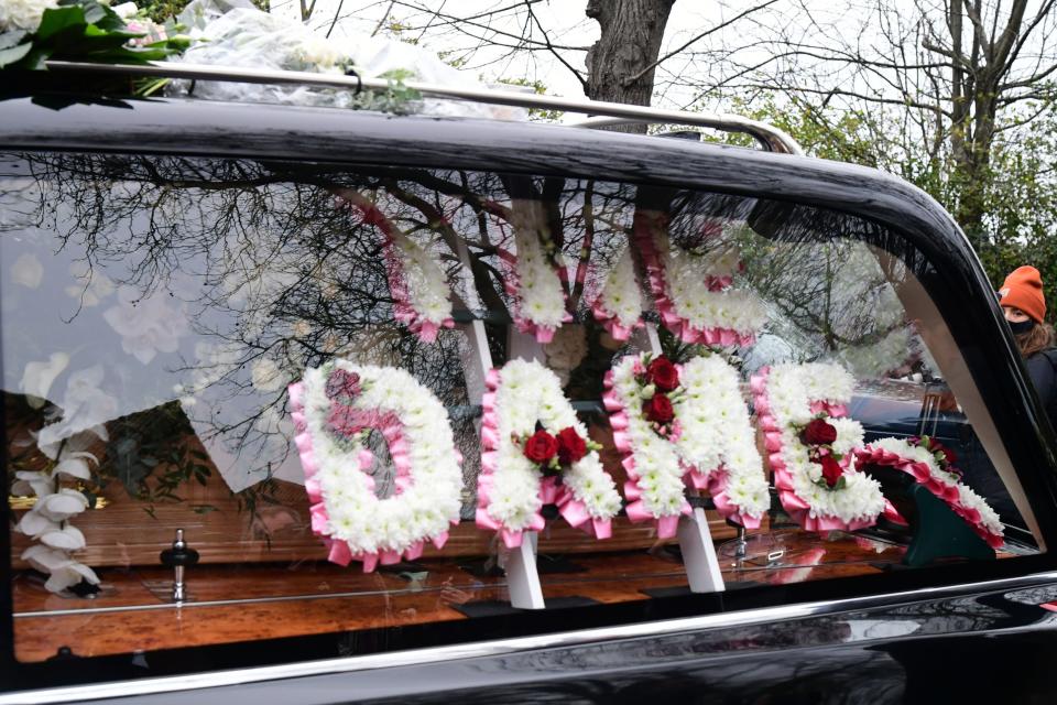 <p>The funeral cortege of Dame Barbara Windsor arriving at Golders Green Crematorium</p> (PA)