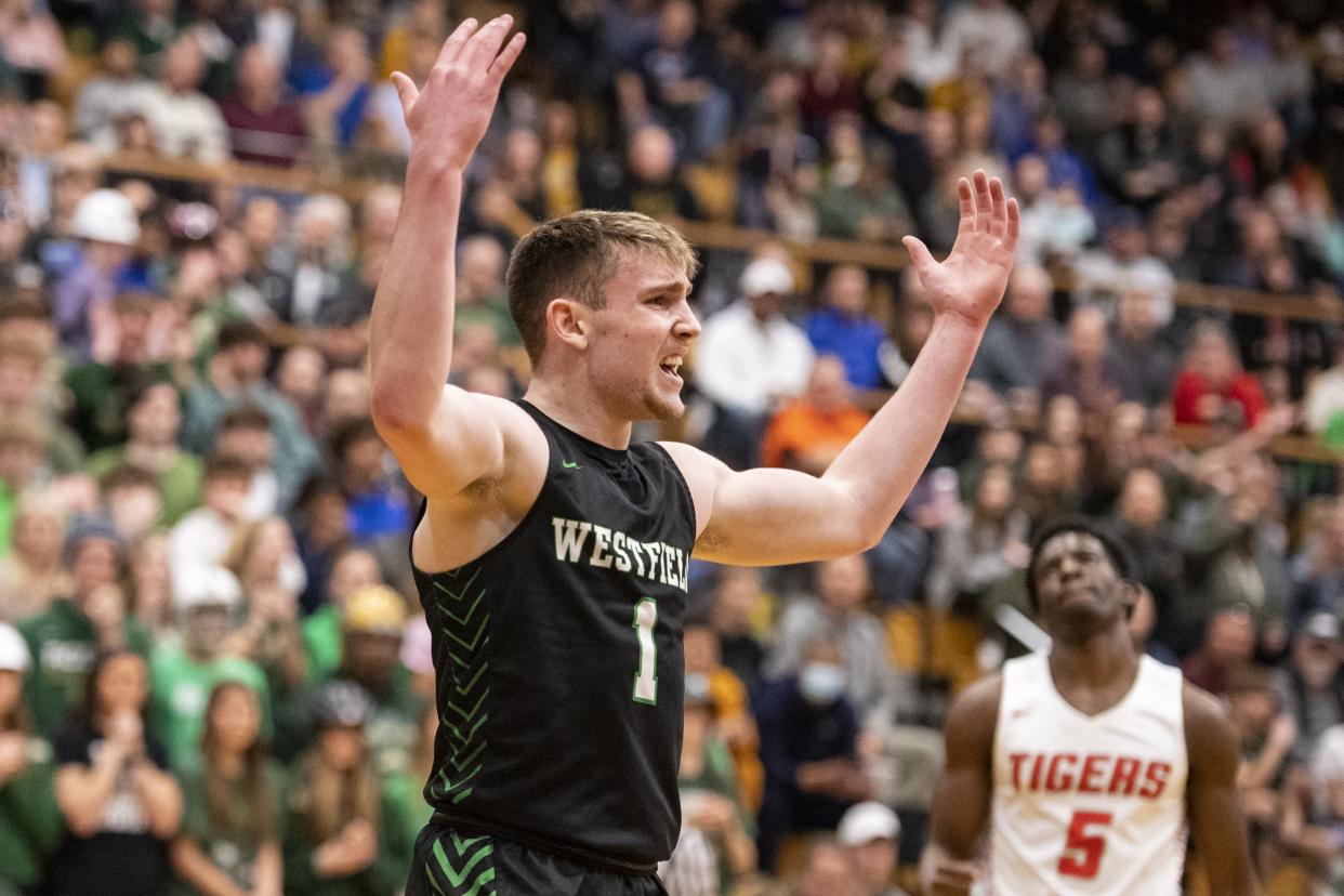 Westfield High School senior Braden Smith (1) reacts to a call during the first half of an IHSAA Boysâ€™ Basketball Class 4A Sectional game against Fishers High School, Tuesday, March 1, 2022, at Noblesville High School.