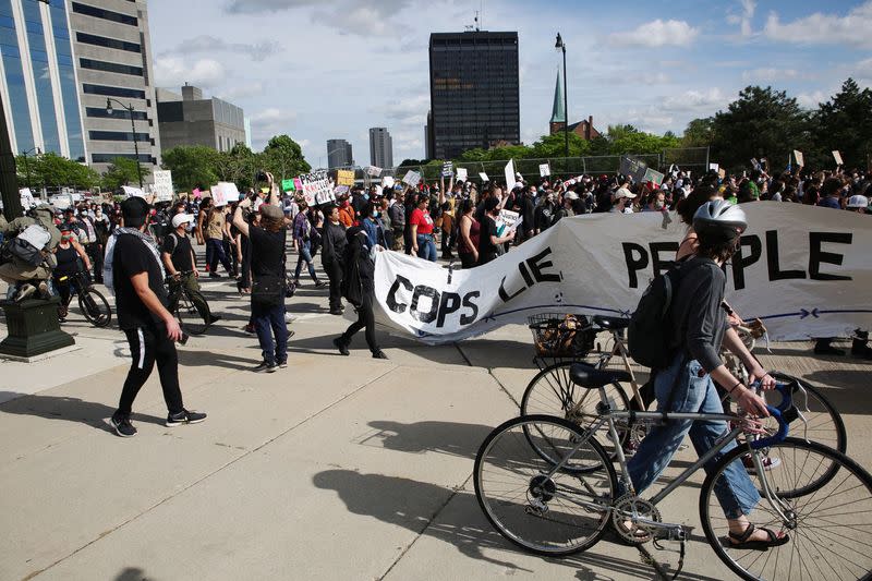 Protest against the death in Minneapolis police custody of African-American man George Floyd and the assault of Sha'Teina and Dan Grady El by Washtenaw County police, in Detroit