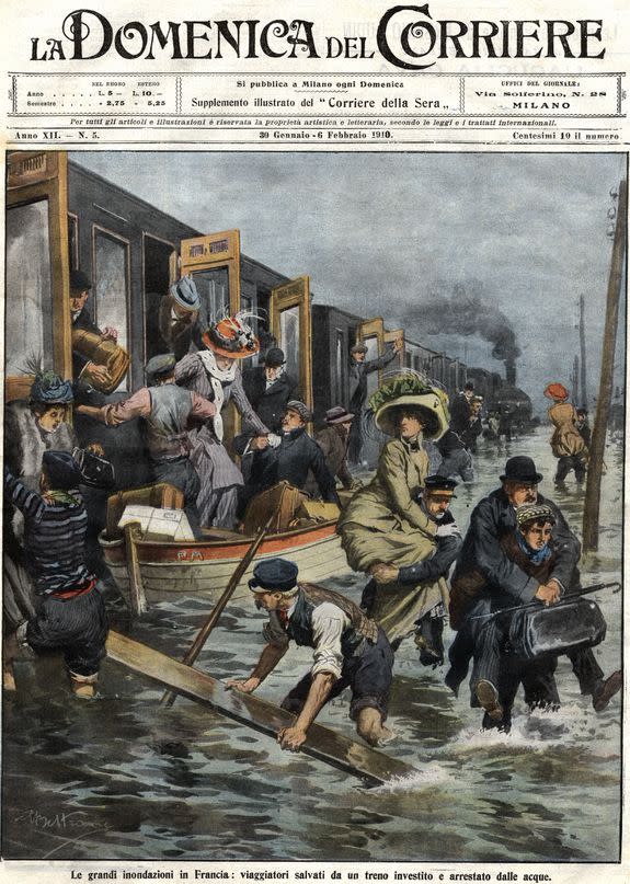 An illustration of floods in Paris during January 1910, published in La Domenica del Corriere.