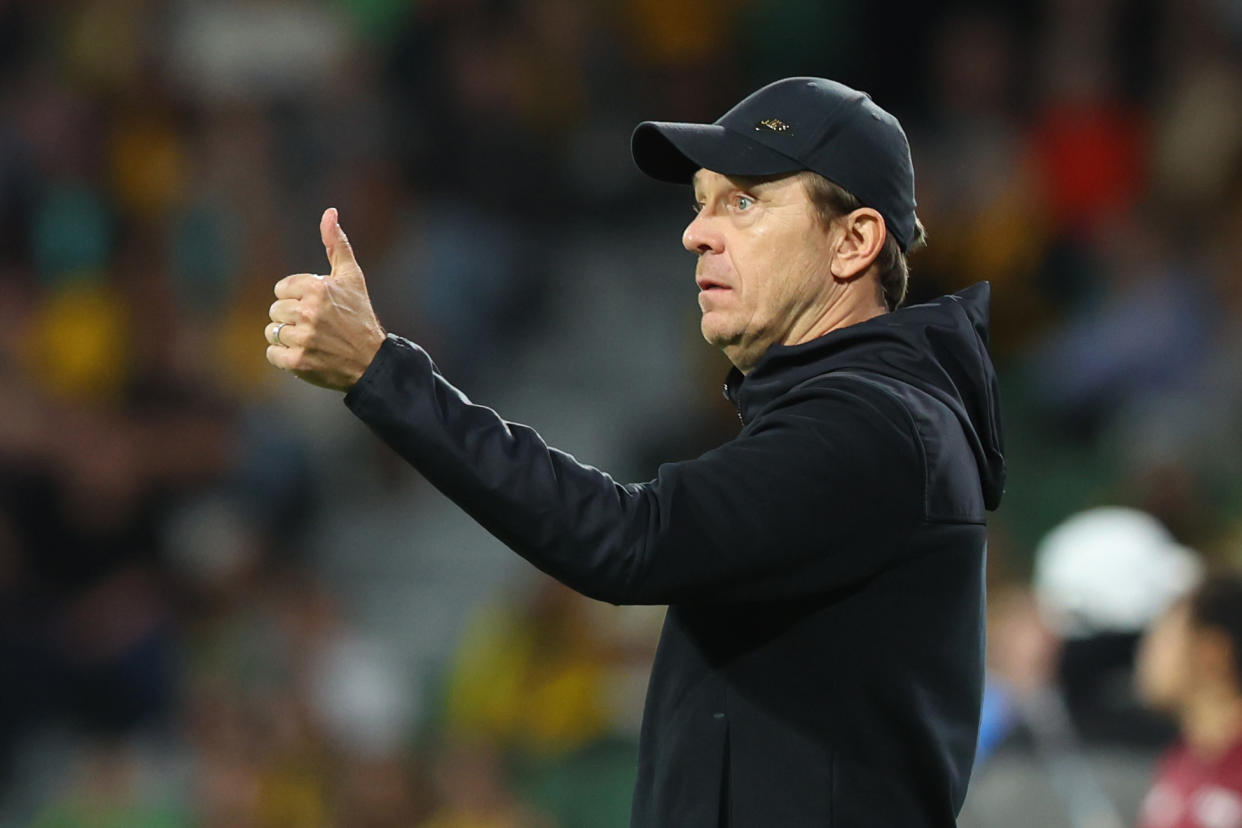 PERTH, AUSTRALIA - OCTOBER 26: Tony Gustavsson Head Coach of the Matildas gives out instructions during the AFC Women's Asian Olympic Qualifier match between Australia Matildas and IR Iran at HBF Park on October 26, 2023 in Perth, Australia. (Photo by James Worsfold/Getty Images)