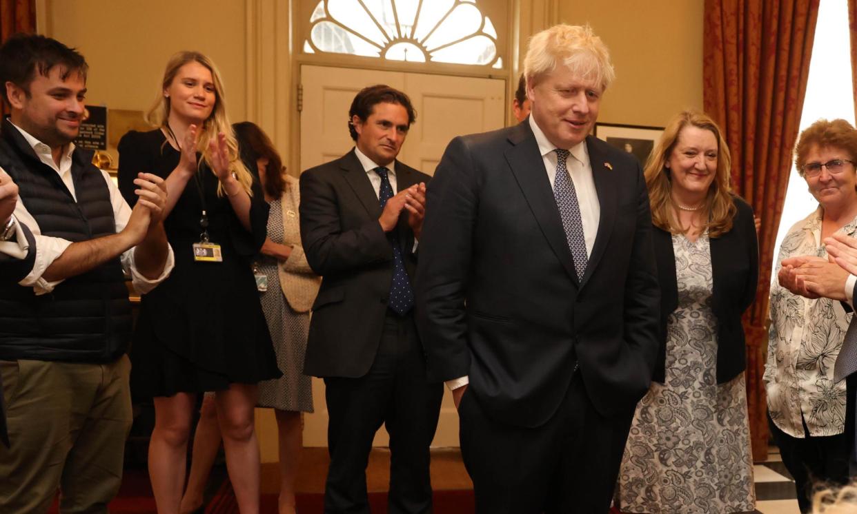 <span>Boris Johnson in 10 Downing Street after resigning as leader of the Conservative Party. Charlotte Owen is on the left wearing black.</span><span>Photograph: Andrew Parsons/No10 Downing Street</span>