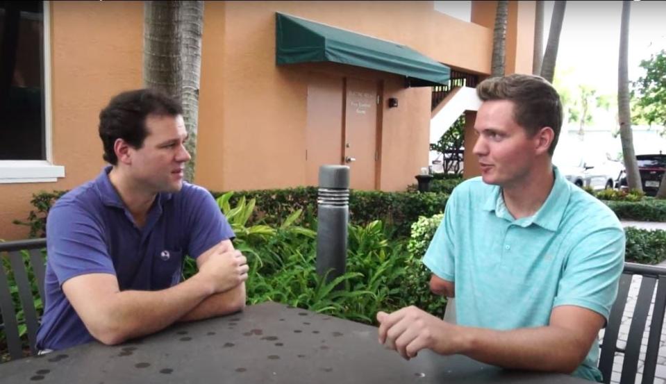 Danny Stanton and Carter Viss, boat driver and the diver he hit off the Palm Beach coast, team up for boating safety video.