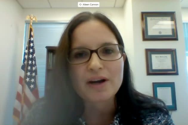 In this video image provided by the Senate Judiciary Committee, Aileen Cannon testifies virtually during her nomination hearing on July 29, 2020. She was nominated by President Donald Trump to the U.S. District Court for the Southern District of Florida, with her confirmation coming a week after Trump lost the presidential election.