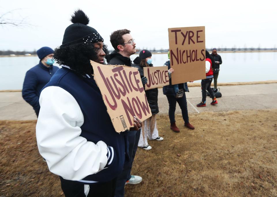 Protesters in support of Tyre Nichols gather at Shelby Farms on Jan. 30, 2023, in Memphis to voice their demands and frustrations.