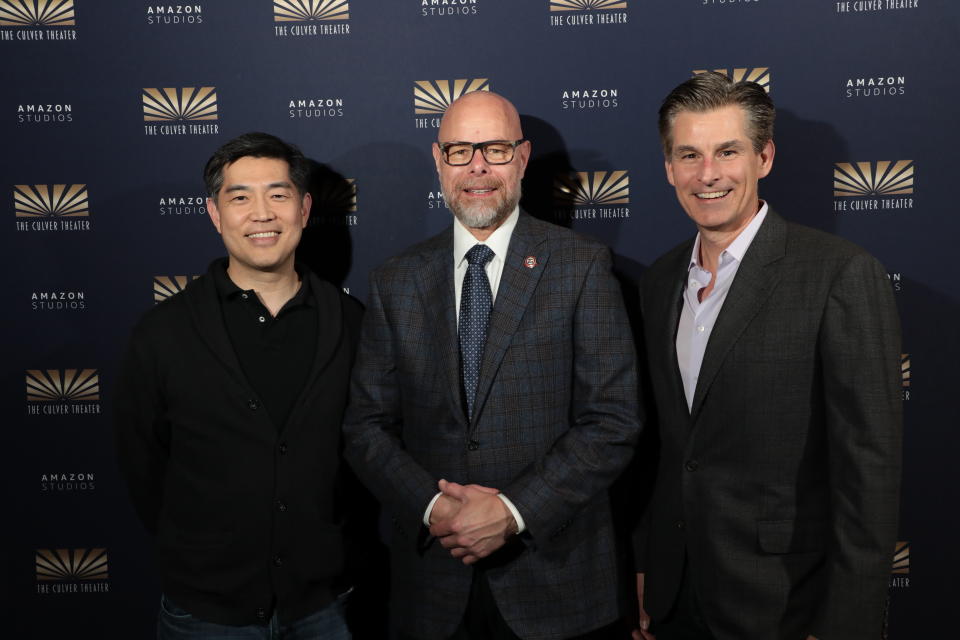 From left: Albert Cheng, VP Prime Video, US; Culver City Mayor Albert Vera; and Mike Hopkins, SVP Prime Video, Amazon Studios, Freevee, MGM and MGM+ (Al Seib)<br> 