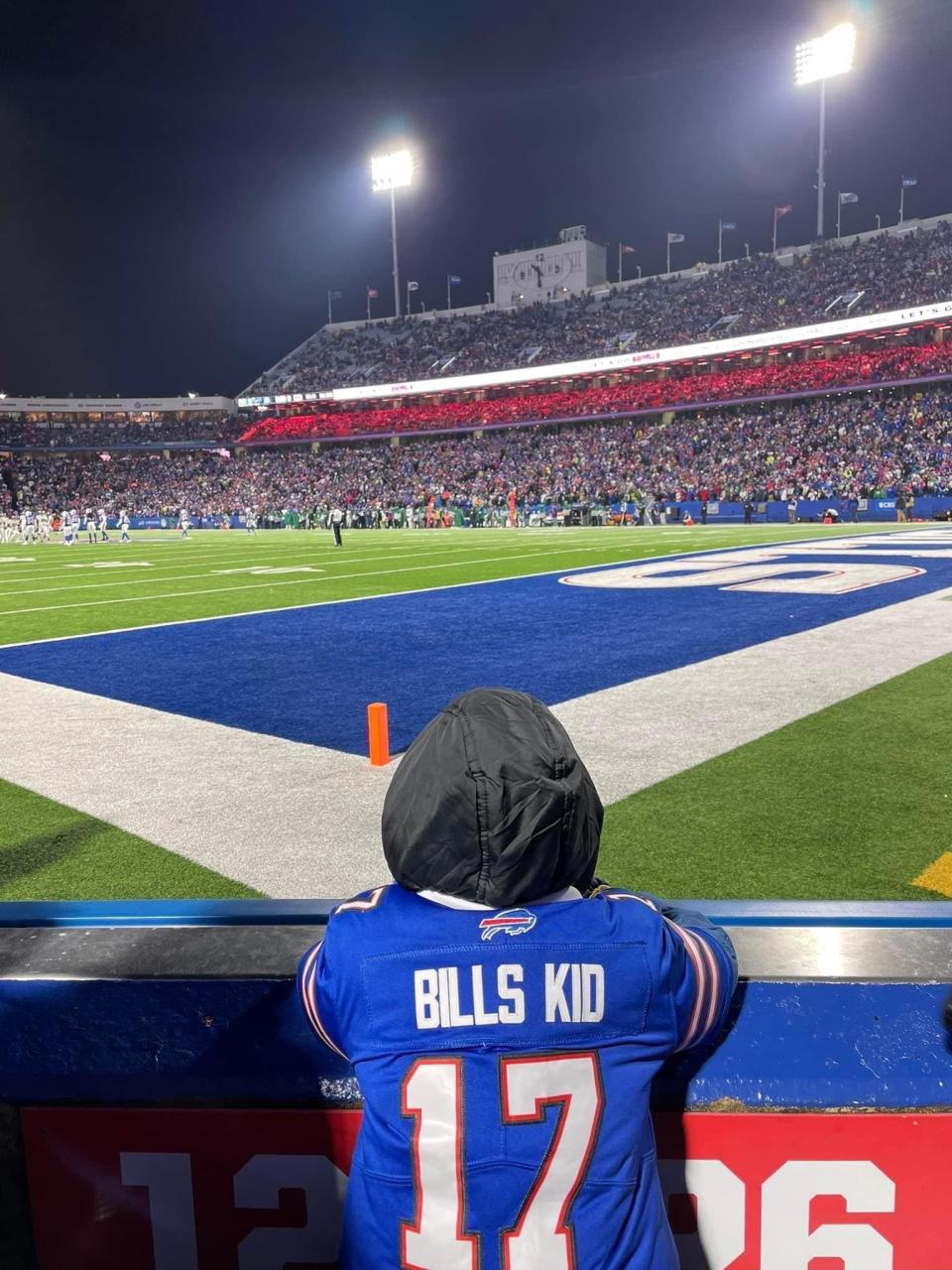 Carson Gaspar, 7, the self-proclaimed "Bills Kid" whose weekly YouTube videos pump up the Bills Mafia fanbase, at a game earlier this season. He and his family were watching the "Monday Night Football" game between the Bills and the Bengals on Jan. 2, 2023, when Bills safety Damar Hamlin went into cardiac arrest after what appeared to be a routine tackle. The NFL suspended the game after Hamlin was taken by ambulance to a Cincinnati trauma center.