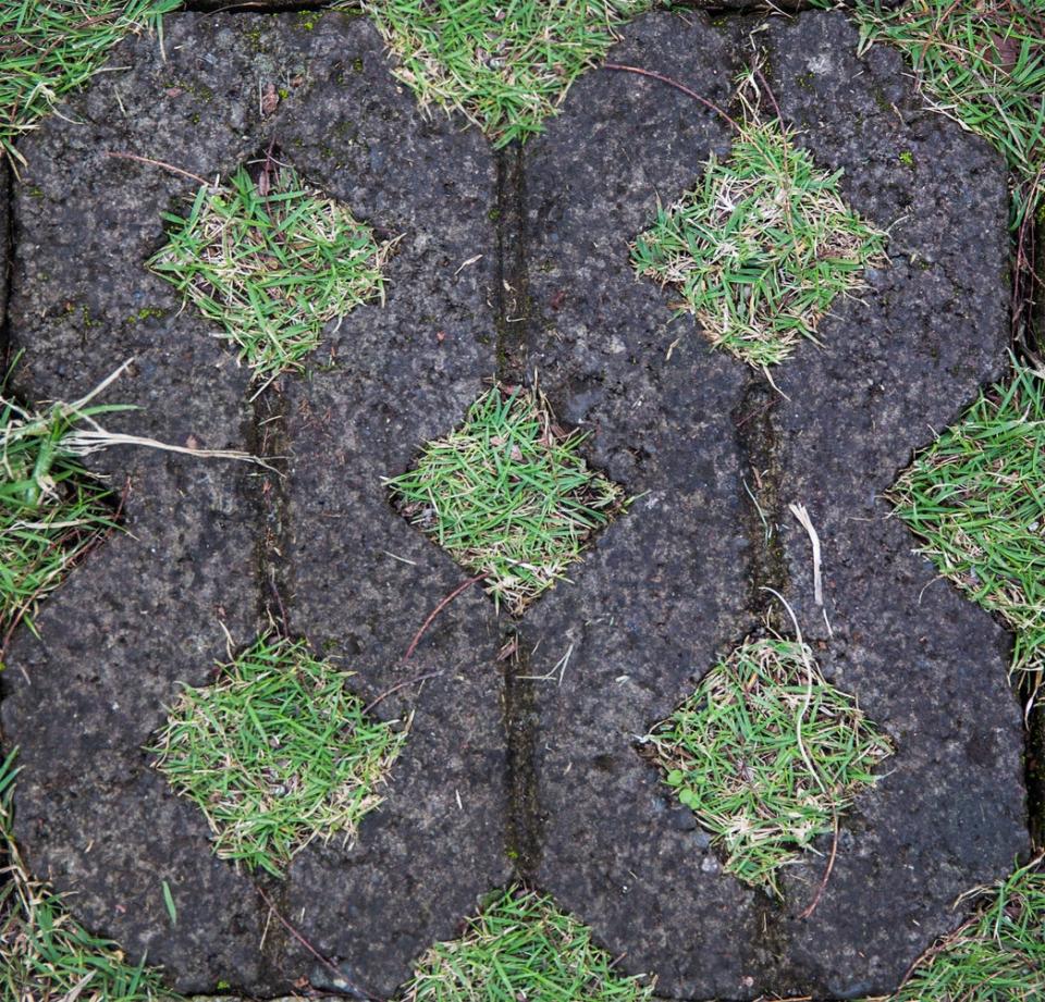 black permeable driveway pavers with grass growing through