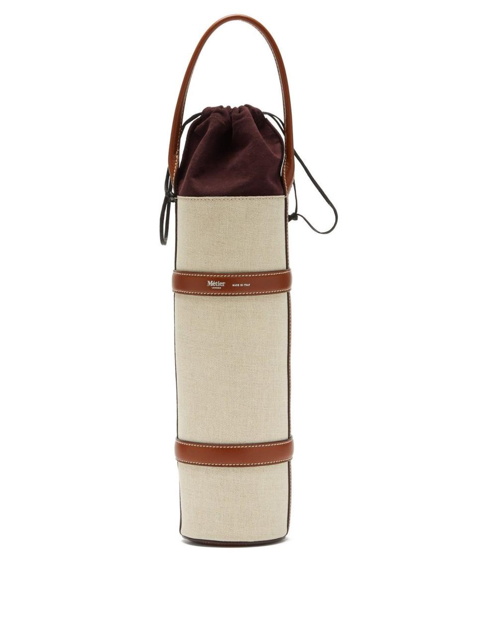 Linen and leather wine bottle holder