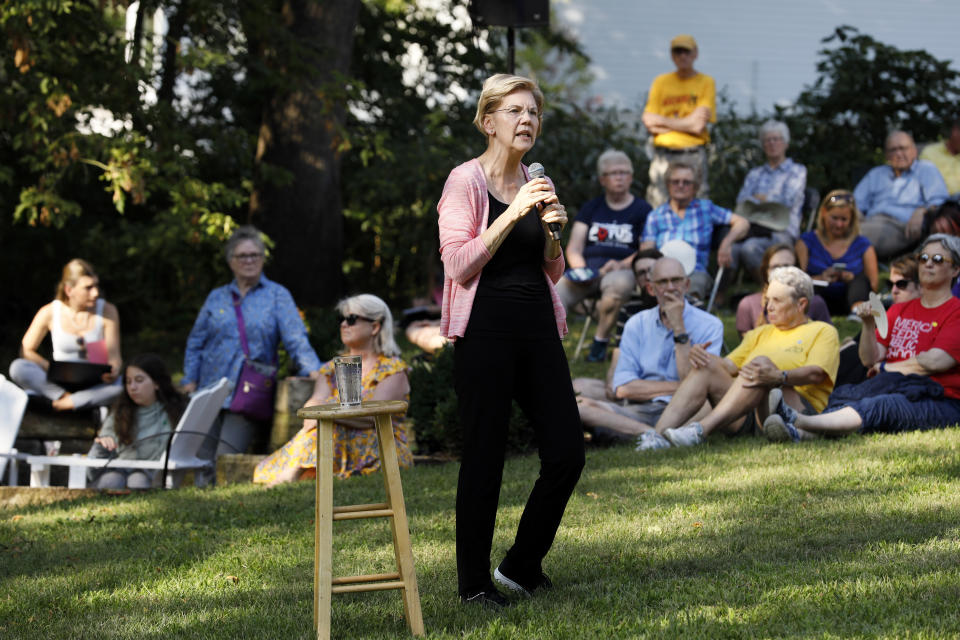 Democratic presidential candidate Sen. Elizabeth Warren speaks during a house party, Friday, Sept. 20, 2019, in Mount Vernon, Iowa. (AP Photo/Charlie Neibergall)