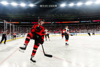 New Jersey Devils right wing Tyler Toffoli (73) celebrates after scoring against the Philadelphia Flyers in the first period of an NHL Stadium Series hockey game in East Rutherford, N.J., Saturday, Feb. 17, 2024. (AP Photo/Peter K. Afriyie)