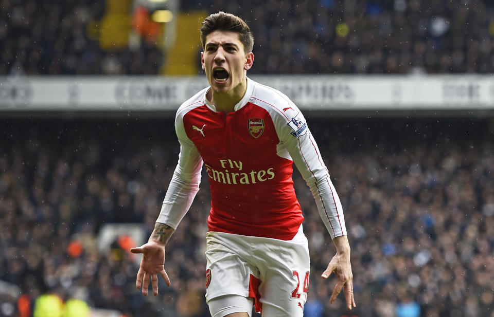 Football Soccer - Tottenham Hotspur v Arsenal - Barclays Premier League - White Hart Lane - 5/3/16 Hector Bellerin celebrates after Aaron Ramsey (not pictured) scores the first goal for Arsenal Reuters / Dylan Martinez Livepic EDITORIAL USE ONLY. No use with unauthorized audio, video, data, fixture lists, club/league logos or &quot;live&quot; services. Online in-match use limited to 45 images, no video emulation. No use in betting, games or single club/league/player publications.  Please contact your account representative for further details.