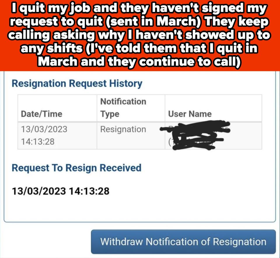 A person is frustrated that McDonald's didn't process their resignation in March. The screenshot shows a resignation request history with a received date of 13/03/2023