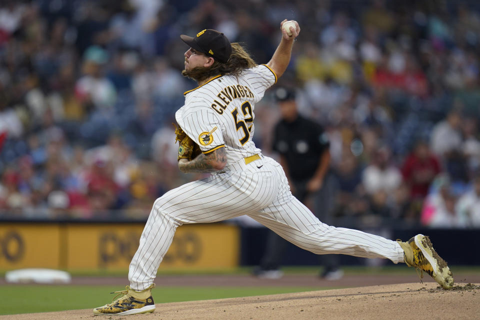 San Diego Padres starting pitcher Mike Clevinger works against a St. Louis Cardinals batter during the first inning of a baseball game Tuesday, Sept. 20, 2022, in San Diego. (AP Photo/Gregory Bull)