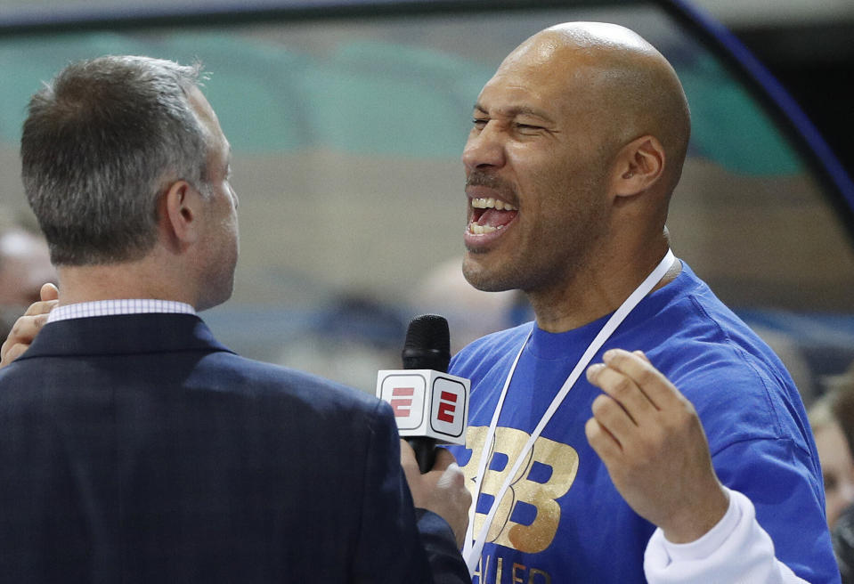 LaVar Ball reacts after watching his sons in the Big Baller Brand Challenge friendly tournament match between BC Prienu Vytautas and BC Zalgiris-2 at the BC Prienai-Birstonas Vytautas arena, in Prienai, Lithuania, Tuesday, Jan. 9, 2018. LiAngelo Ball and LaMelo Ball, sons of former basketball player LaVar Ball, have signed a one-year contract and play their first match for Lithuanian professional basketball club Prienu Vytautas. (AP Photo/Liusjenas Kulbis)