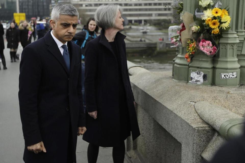 Sadiq Khan walked along Westminster Bridge 48 hours after the attack (AP)