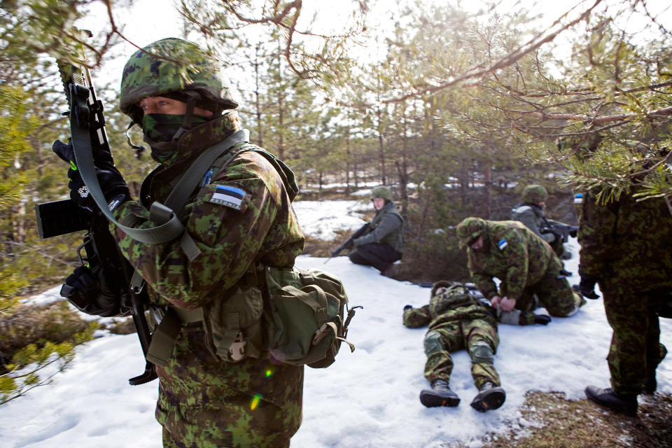 Trainees in the forest of Männiku, Estonia on March 27<span class="copyright">Birgit Püve for TIME</span>