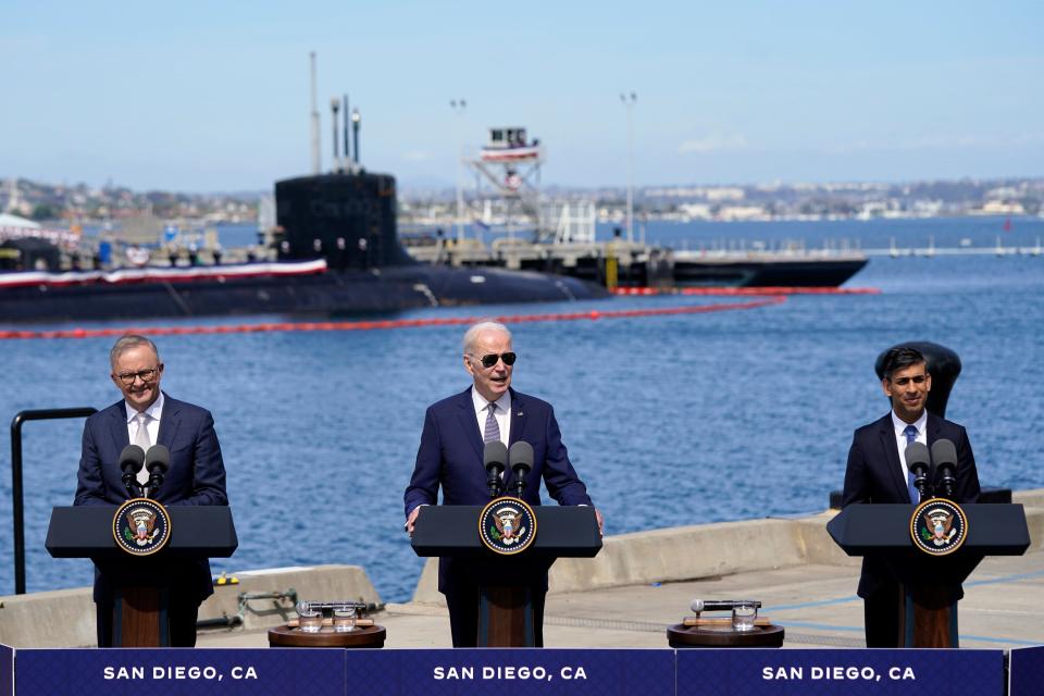 President Joe Biden speaks after meeting with British Prime Minister Rishi Sunak, right, and Australian Prime Minister Anthony Albanese at Naval Base Point Loma, Monday, March 13, 2023, in San Diego.