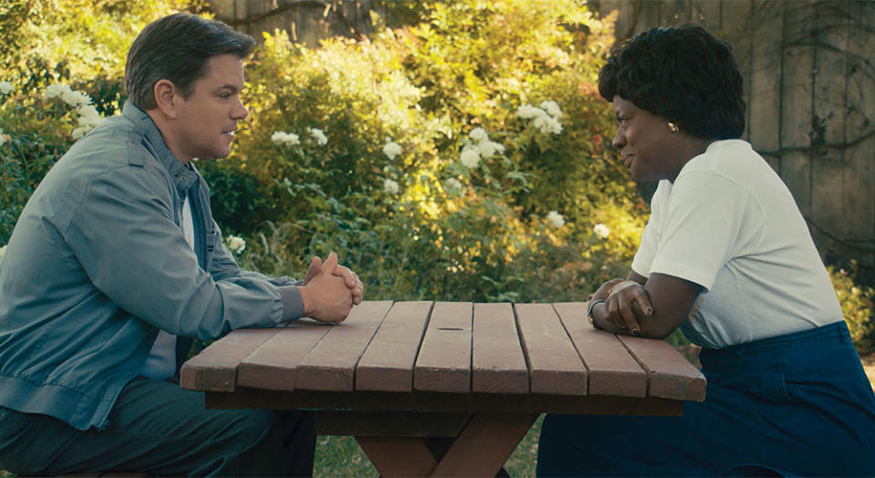 Damon with Viola Davis, Michael Jordan’s choice to play his mother in Air, which chronicles Nike’s quest to sign the basketball superstar.