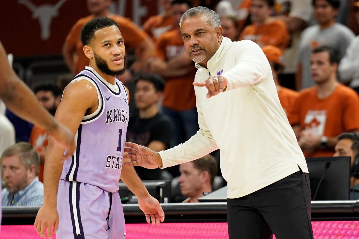 Kansas State guard Markquis Nowell (1) was named to the first team and Jerome Tang was chosen coach of the year Sunday then the Big 12 announced its all-conference honors. The Wildcats forward Keyontae Johnson also was a first-team selection.